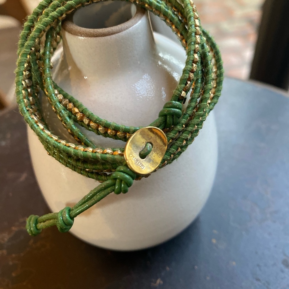 Chan Luu Green Leather with Silver Nuggets 5 Wrap Bracelet